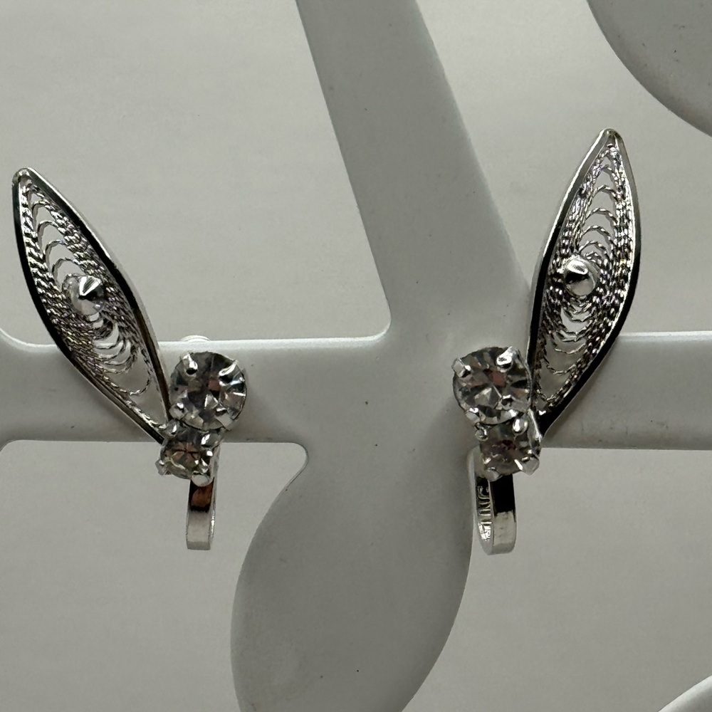 Jay Flex Vtg 925 Silver crystal and filigree leaf screw back Earrings